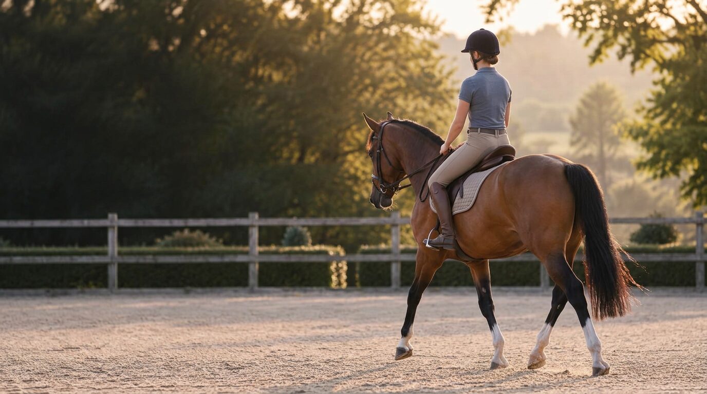 Rider schooling a bay horse in an outdoor arena