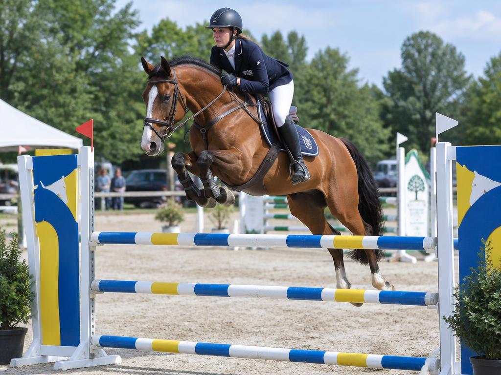 Show jumper rider over a colorful oxer in an outdoor sand arena